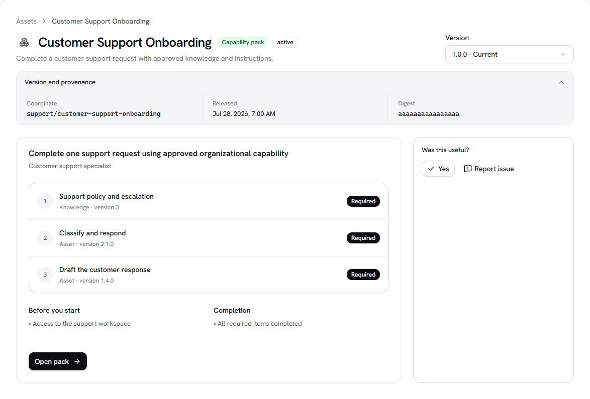 Organizational AI Memory Asset detail showing a Capability Pack, its current version, expanded provenance, pinned components, and feedback controls.