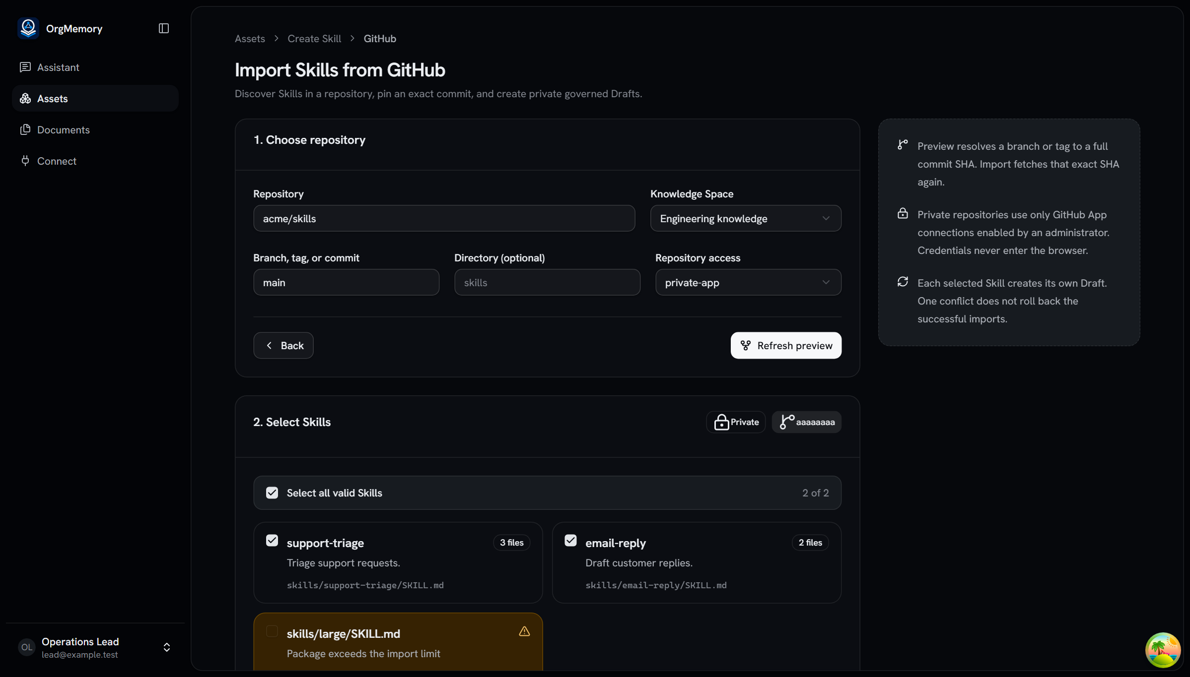Màn GitHub Skill import của Organizational AI Memory hiển thị repository private, preview commit chính xác, các Skill hợp lệ có thể chọn và một package vượt giới hạn.